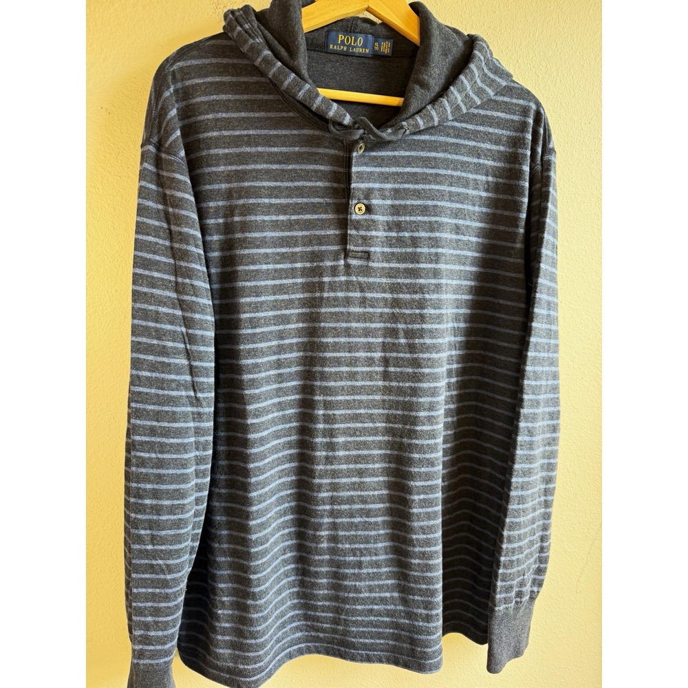 Polo Ralph Lauren Striped Henley Hooded Pullover Hoodie Pockets Logo Men's XL